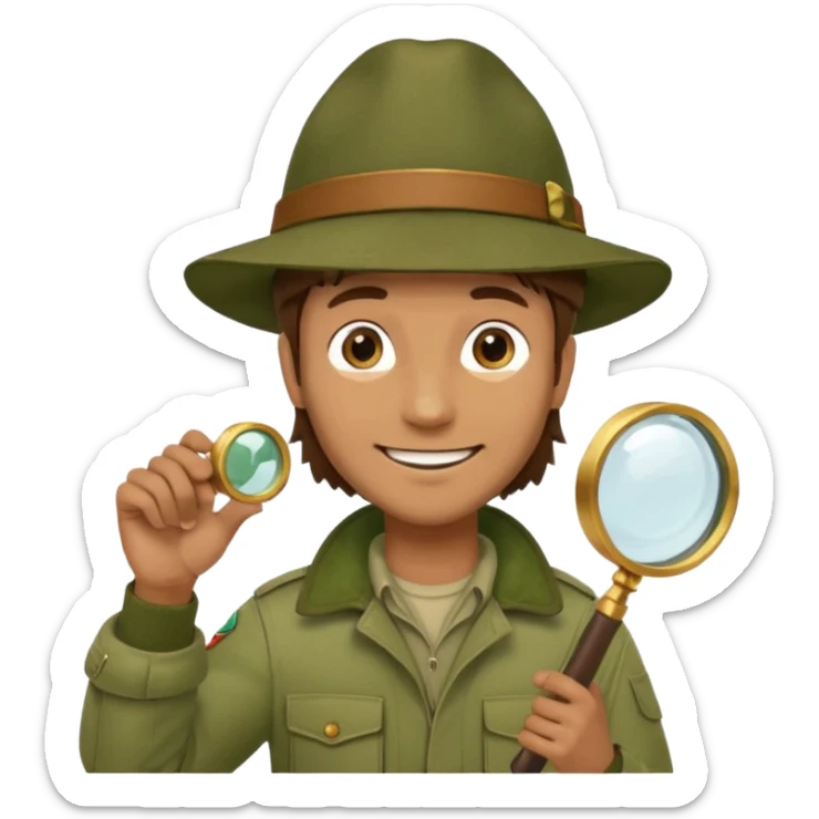  man with brown hair in beige moss green explorer outfit, hat, holding magnifying glass, smile sticker