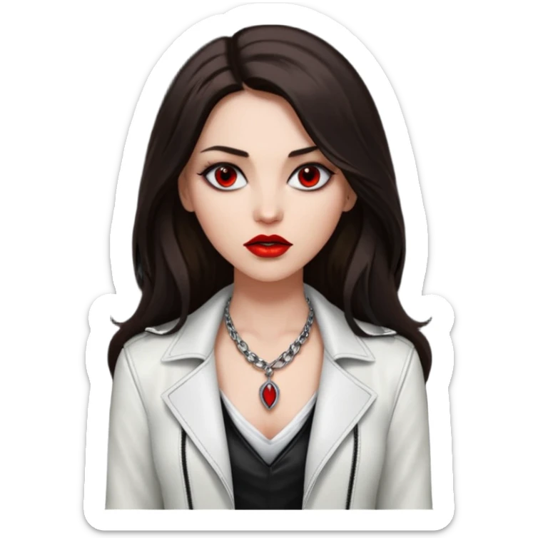 brunette with very long hair in black cuir jacket with red lips and very dark brown eyes and white shirt and mysterious necklace without piercing with evil eyes sticker