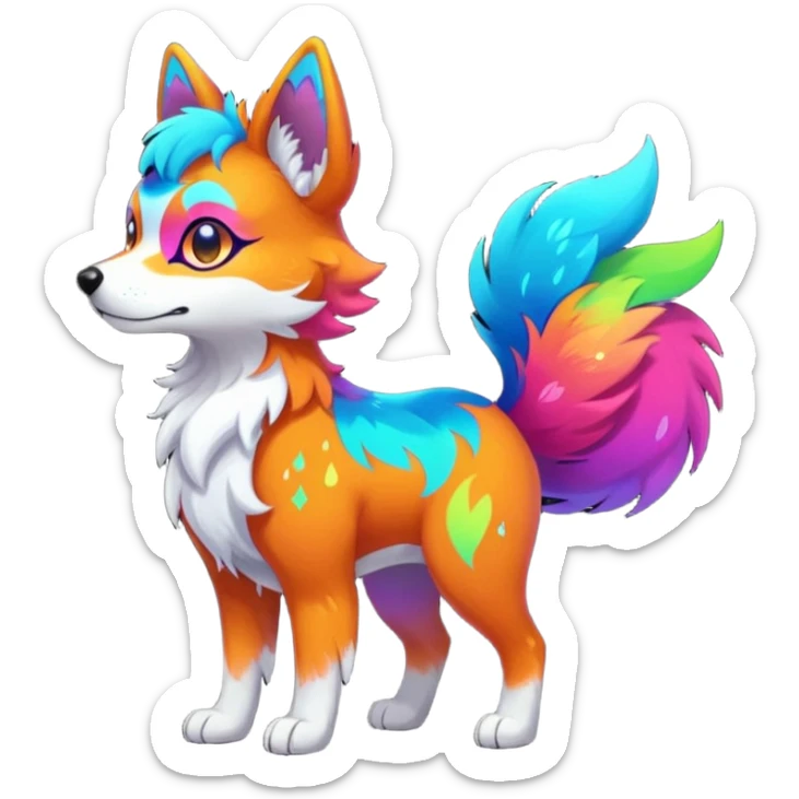 Vibrant multicolored neon-colored Falvie-Fionbri-creature-sparkle-dog-fursona, full body sticker