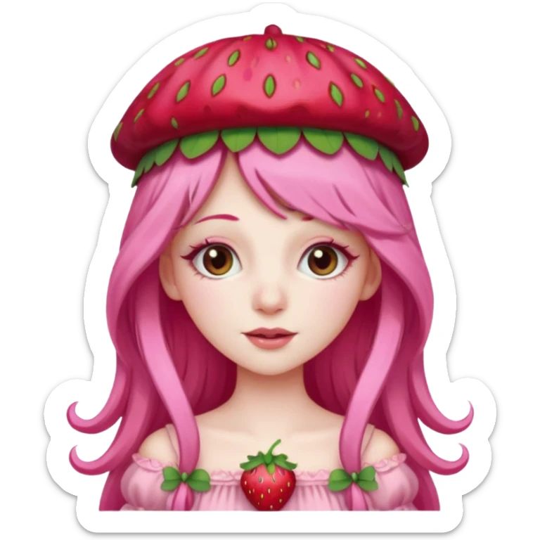 Strawberry princess long pink hair eyelashes pale strawberry hat and dress sticker
