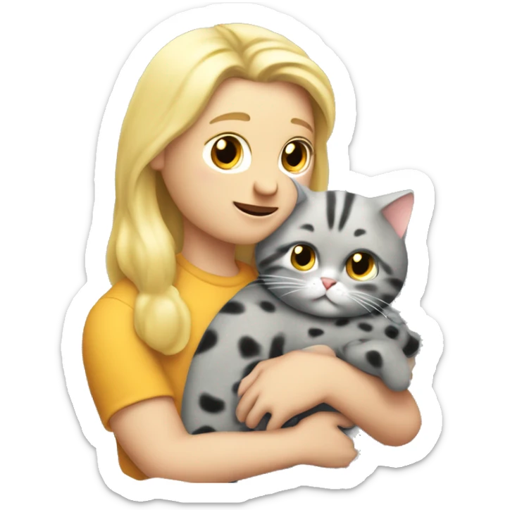 3 objects - a beautiful blonde with long hair and a polka-dotted dress, a bald handsome man in a cap and a rock T-shirt and a fat gray cat with black spots. The man hugs the blonde and holds the cat in his hands sticker