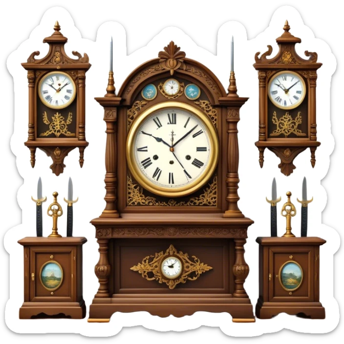 Icon for Antiques Collecting: a vintage clock, intricately carved furniture, famous paintings, antique swords, and rifles. The items are displayed on a wooden table or shelf. The icon should evoke the rich history and craftsmanship of antique collecting. Transparent background. sticker