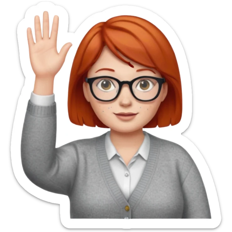 plump female teacher with short red hair, glasses, freckles, waving sticker
