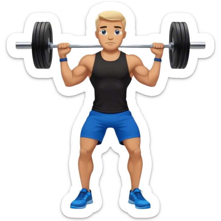 tanned man black shorts black t shirt blue shoes barbell squats sticker