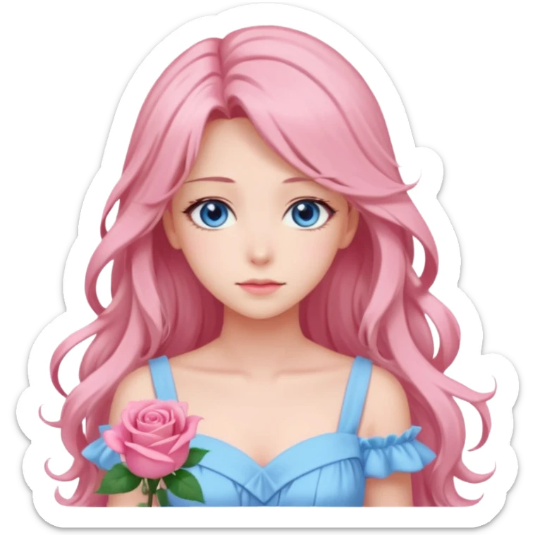 Gorgeous pastel anime lady with roses in long hair and pink dress with blue eyes sticker