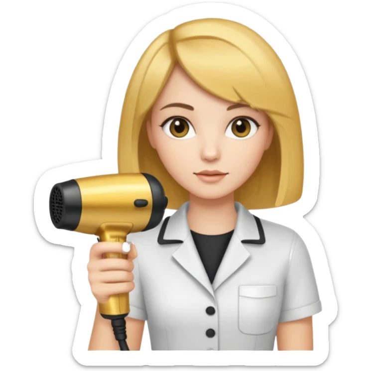 brunette bob girl hair stylist holding a golden hair dryer sticker