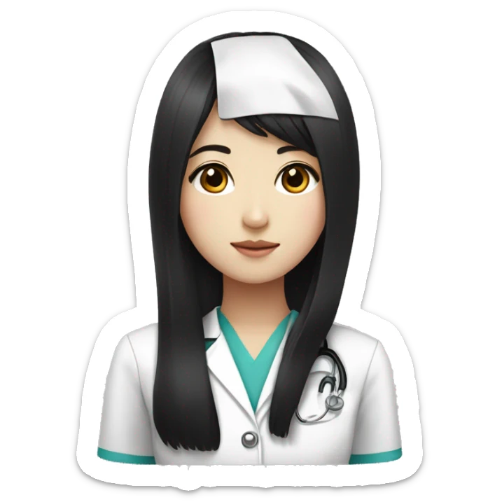 korean girl, full-bang, long straight black hair, doctor uniform, black eyes, mute lip sticker