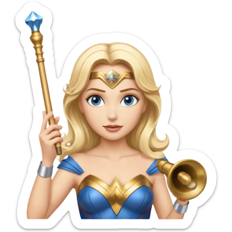Blonde blue eyed Wonder Woman holding white orchestra conductor’s baton and bell sticker