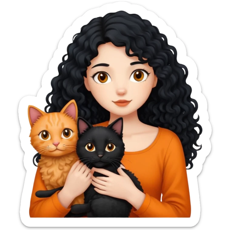 A girl with long black hair is holding a black cat, an orange cat and a curly-haired dog sticker
