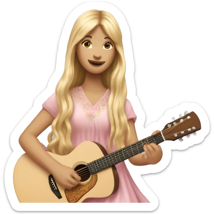 Hippie Girl with long blonde hair and bangs, wearing a baby pink long dress, playing acoustic guitar  sticker