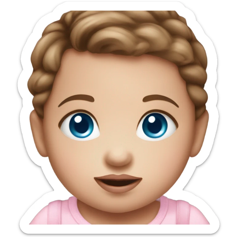 Adorable baby girl in pink cradle with brown hair and blue eyes and a pink pacifier sticker