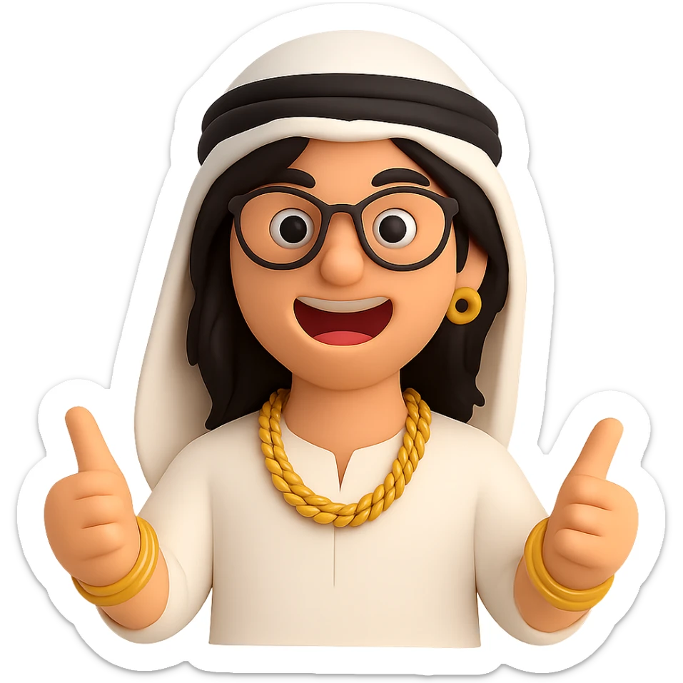 Edit the blond guy with mid-length hair, black glasses, wearing gold jewelry in Dubai style. Make him energetic with no background. sticker