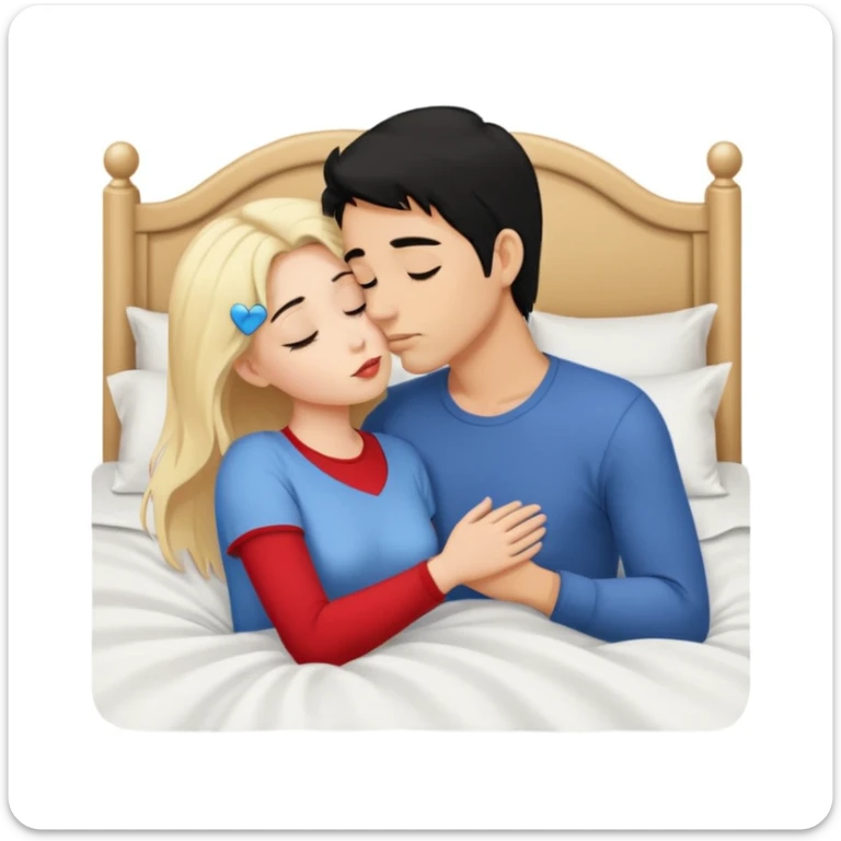 Naked man, black hair, kissing naked Woman, blonde hair, bed,  sticker