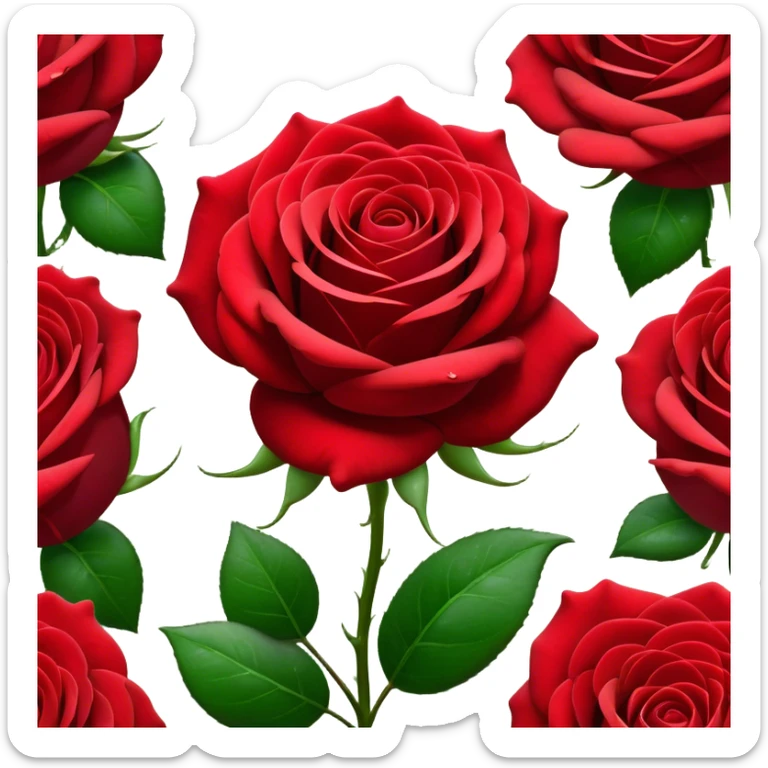 Cinematic Realistic Rose Emoji, Elegant and full of grace, with velvety, deep red petals unfurling in a perfect bloom, dew drops glistening on the soft edges, and a faint fragrance hanging in the air. The lush green leaves surround the stem, creating a vibrant contrast to the rich color of the petals. Soft glowing outline, capturing the essence of timeless beauty and romance in a single bloom. sticker