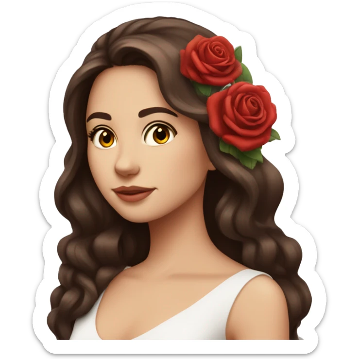 Beautiful, rose, red, flowers in hair, long dark brown hair, white fair skin sticker