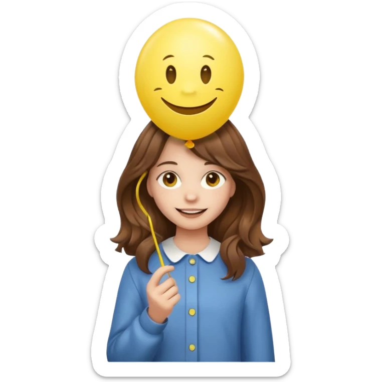 Teen girl wavy brown hair, with smiley-face balloon sticker