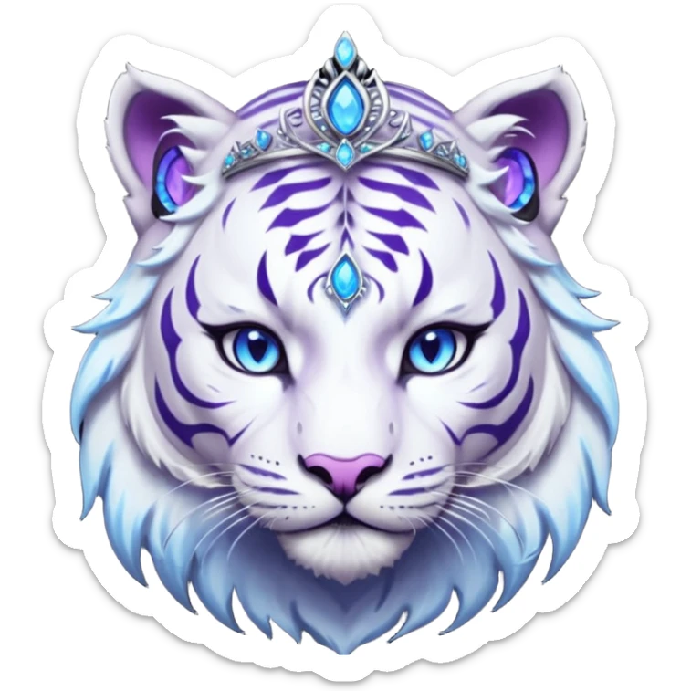 ESO Female white/black tiger khajiit leader of the umbral rose, glowing blue eyes, glowing blue 'third eye' gem; beautiful desined purple gemmed silver tiara sticker