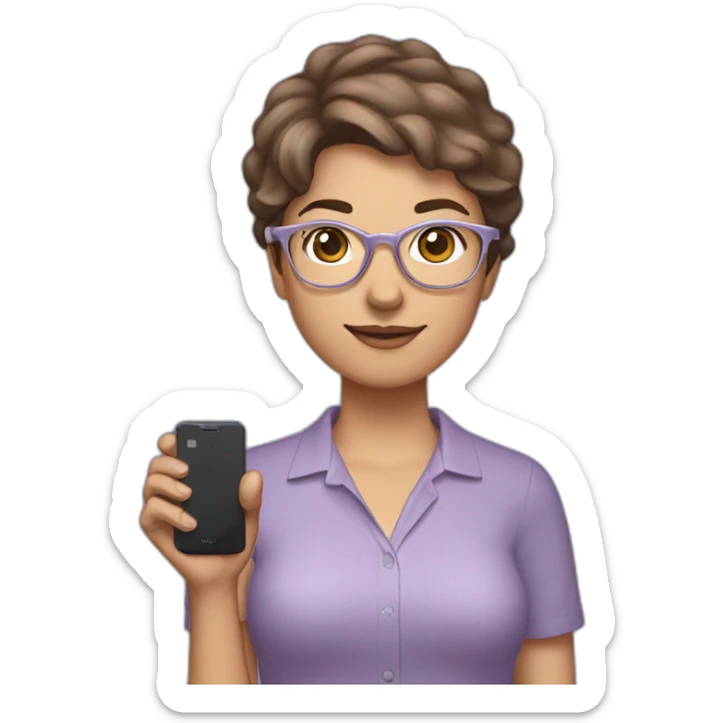 Woman with short brown hair, wearing a lavender-colored shirt, silver brand glasses, and holding a cell phone in her right hand. sticker