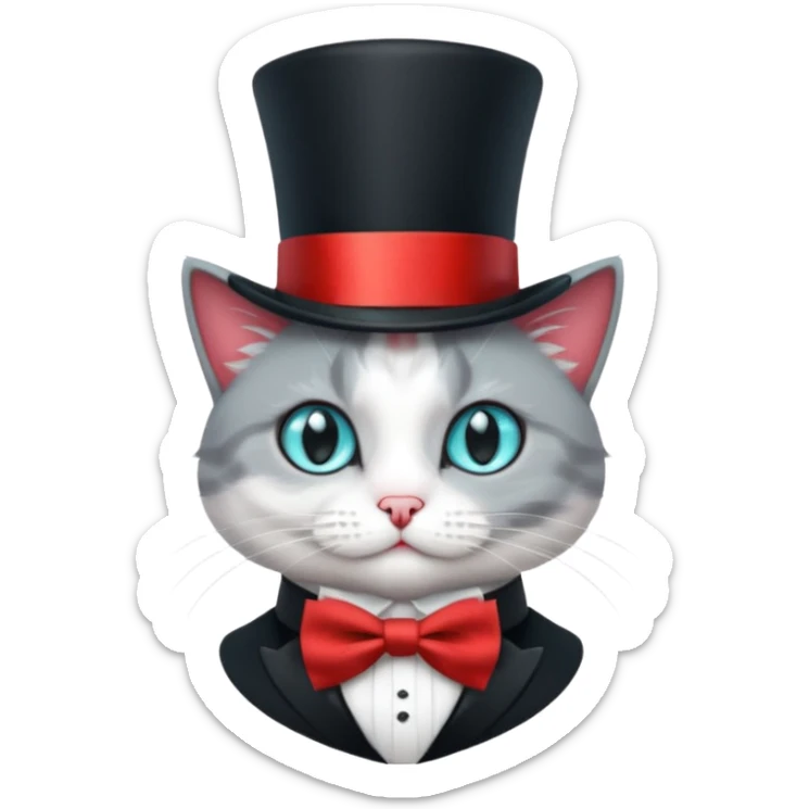  Kater in grau weiß, mit schwarzem Zylinder, der eine rote Banderole auf dem Kopf hat, der etwas schräg ist, so dass nur ein Ohr zu sehen ist. Der Kater schaut gerade nach vorne und am Hals hat er eine kleine, rote Schleife. Die Augen sind türkisfarben am funkeln mit kleinen, weißen Lichtreflexen. sticker