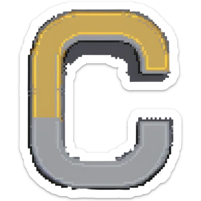 Pixelated letter C in various shades of gray, with golden pixel halo above it, 8-bit style sticker