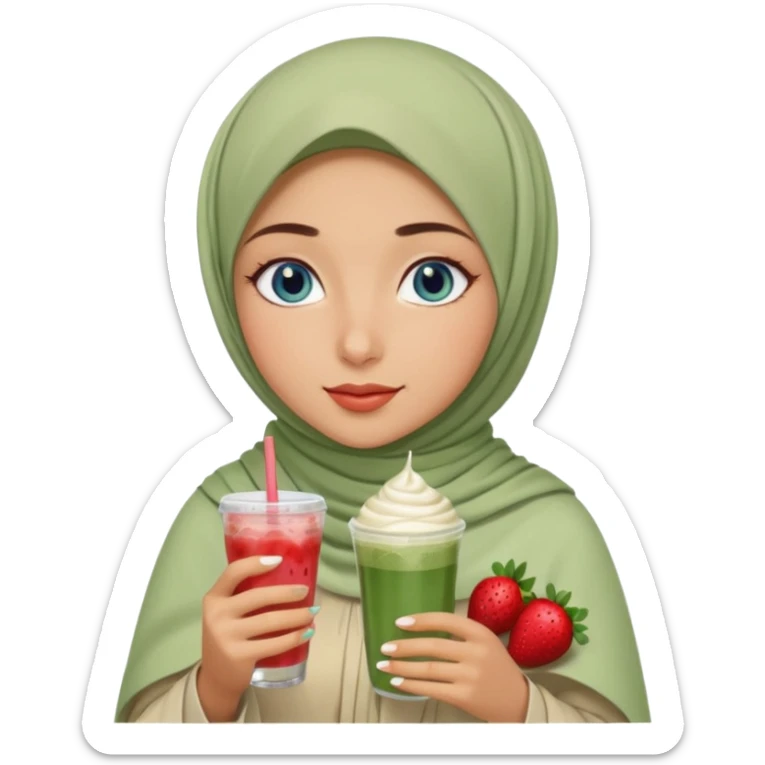 Turkish beautiful finish Konya girl blue eyes with beige and light green hijab islamic dress and had on her hand strawberry Matcha drink sticker