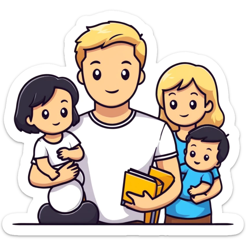 family with blond dad, brunette mom, blonde son, daughter with black hair, and a baby sticker