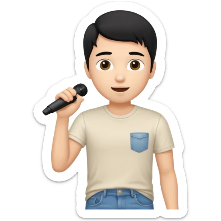 Handsome young man with black hair singing karaoke wearing an ivory t-shirt and denim shorts. sticker