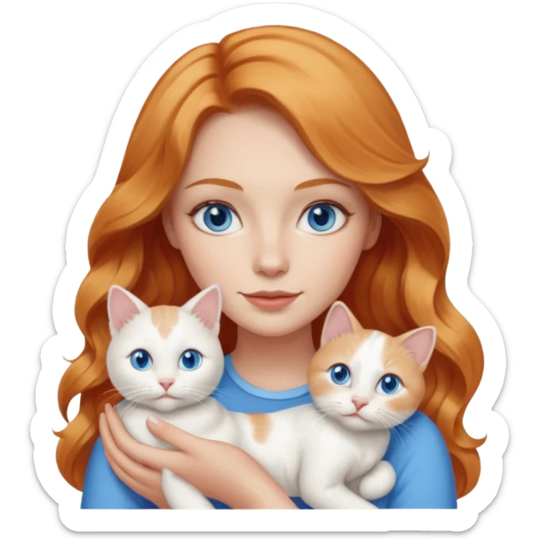 Long wavy strawberry blonde blue eyes woman with a white cat with blue eyes sticker