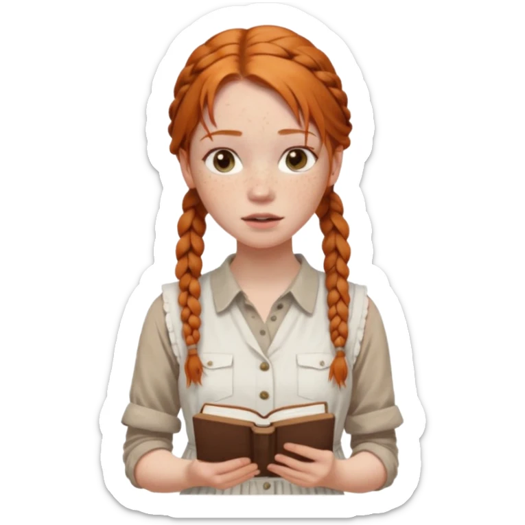 Girl with pale skin, freckles, full light lips, ginger hair in braids, messy, wearing a white dress, a brown button up, sleeveless on top, holding a book. sticker