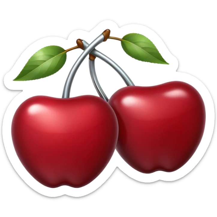 A pair of cherries emoji made of polished silver chrome, smooth rounded shapes, glossy metallic finish, soft highlights and reflections, cute proportions, iOS emoji style, centered, clean white background, no text sticker