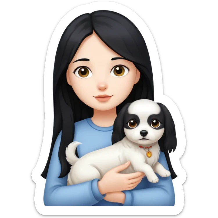 A girl with long black hair holding a little white dog sticker