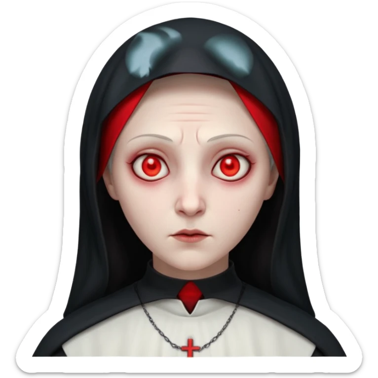 cursed village nun portrait, head and shoulders only, dark hood, mysterious expression, red accents, eerie glow, 3D cartoon, mobile game icon style, clean background, no text, no watermark

 sticker