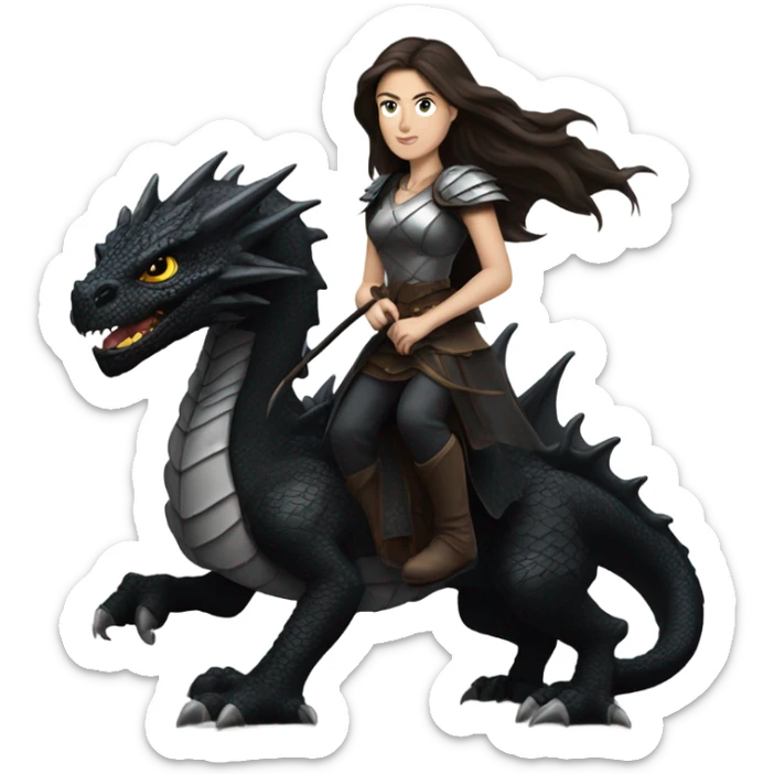 Determined and beautiful armored White Woman with dark brown long hair riding on the back of a giant black dragon sticker