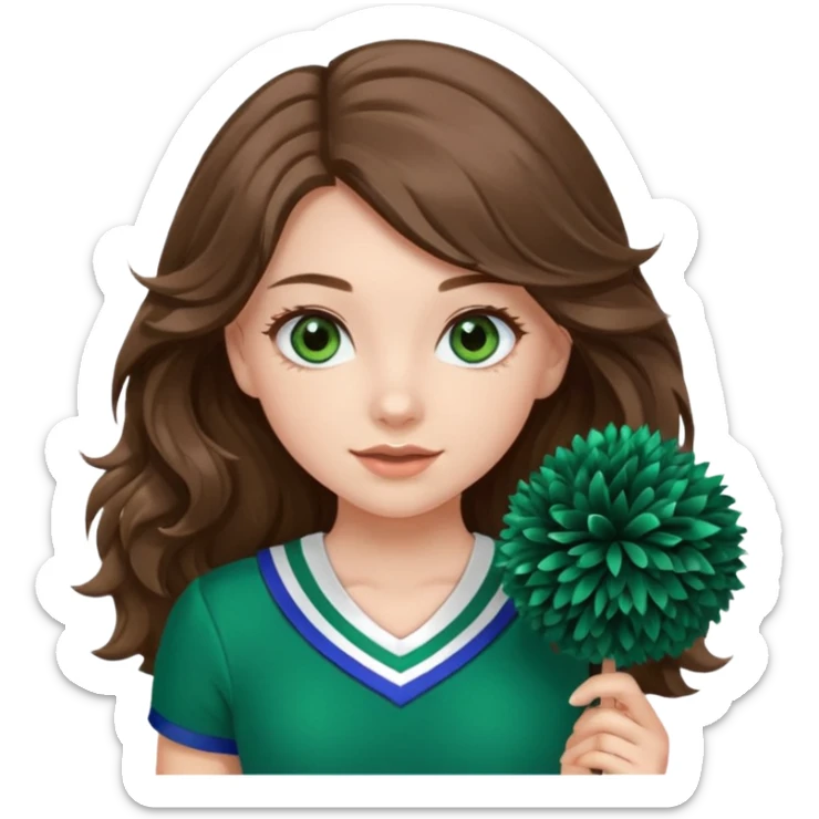 A pretty girl, her eyes is blue, her hair is brown long wavy hair, and wear green Hawkins cheerleader uniform and hold pompom sticker