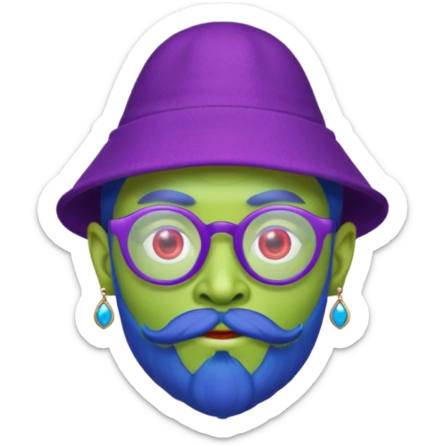green alien with red glasses and blue hat and purple beard and earrings sticker