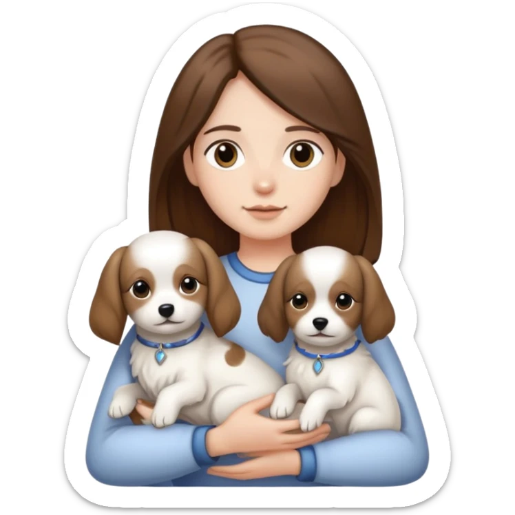 Brown hair, black eyes, middle parting, long hair, holding two little white dogs sticker