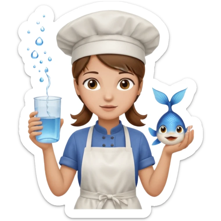 A girl with brown hair with a chef hat wearing an apron and holding a fish and a cup of water in another hand sticker