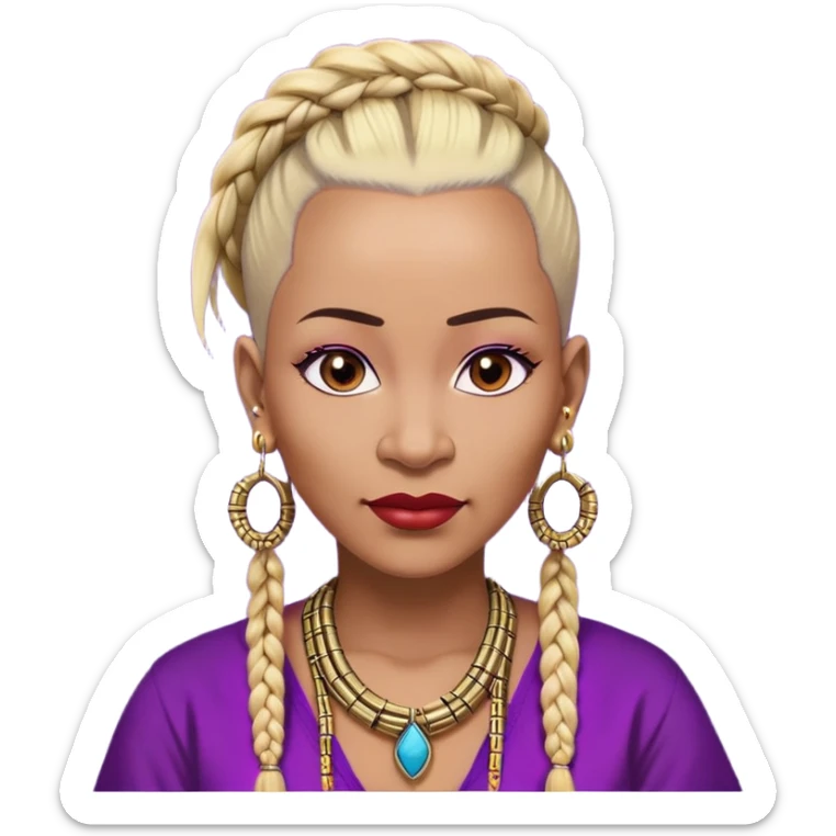 African american 57yr old woman, dark brown skinned woman who is 5ft 6in with a blonde and black mohawk of individual braids, with low haircut  shaved sides, 
wearing a purple,  gold and red dashiki wearing big gold bamboo earrings in ears with the name engraved of Draya sticker