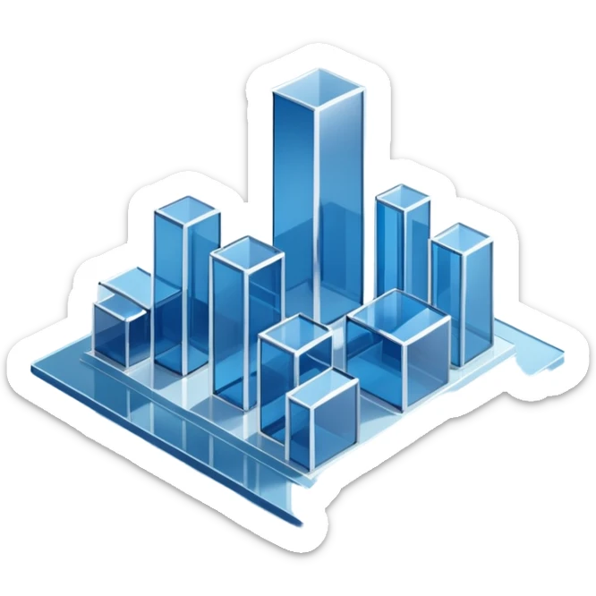 A minimalist 3D illustration of abstract glass buildings in blue tones, made of transparent glass-like materials with soft lighting and subtle reflections, isometric perspective, white background, futuristic architecture concept, volumetric light, clean render, high detail, no text sticker