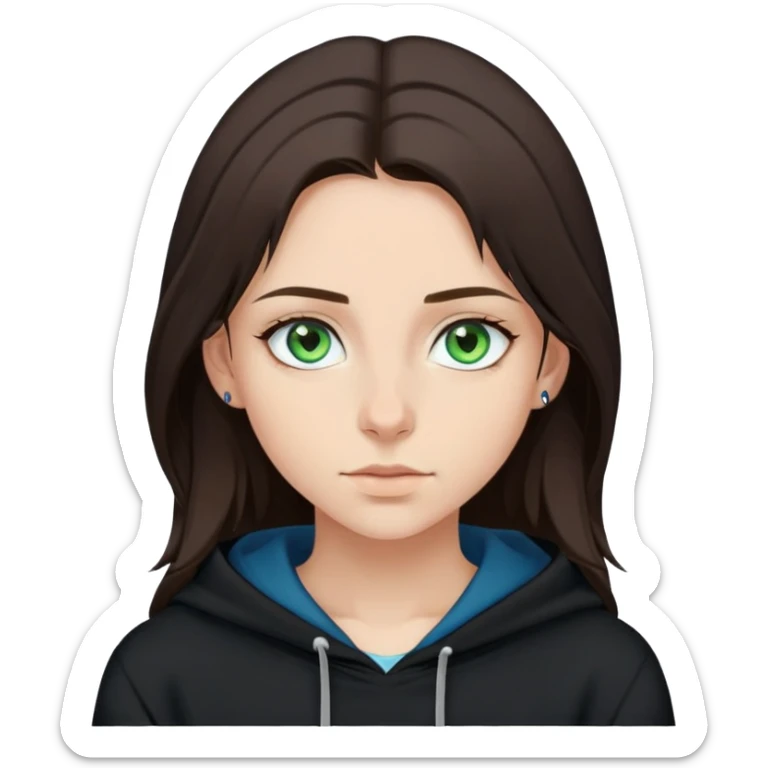 girl with green blue eyes shoulder length medium to dark brown hair, nose ring, wearing a black hoodie, pretty sticker