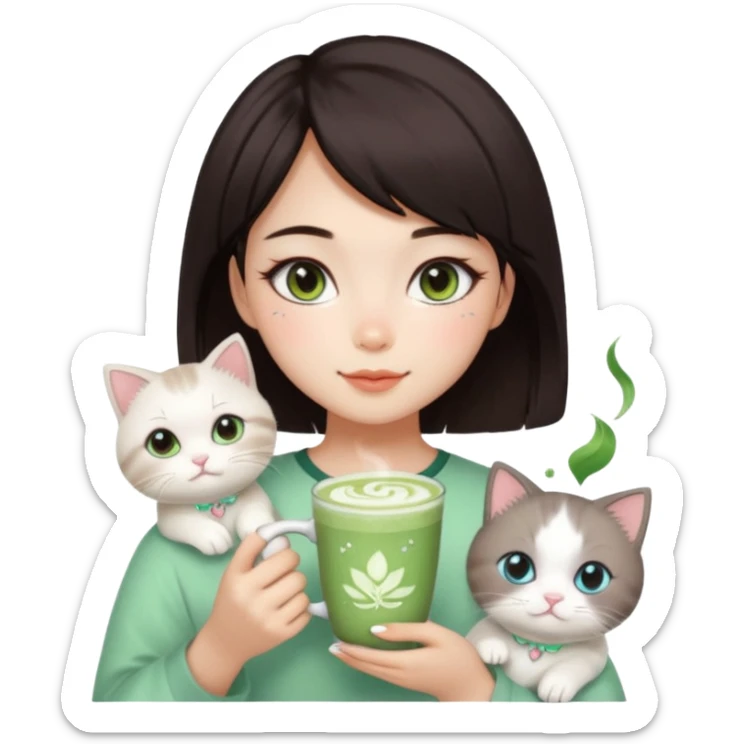 asian girl with shoart dark brown hair with a soft girl glowup aesthetic. matcha latte sparkles girly things, 2 ragdoll cats, skincare, makeup sticker