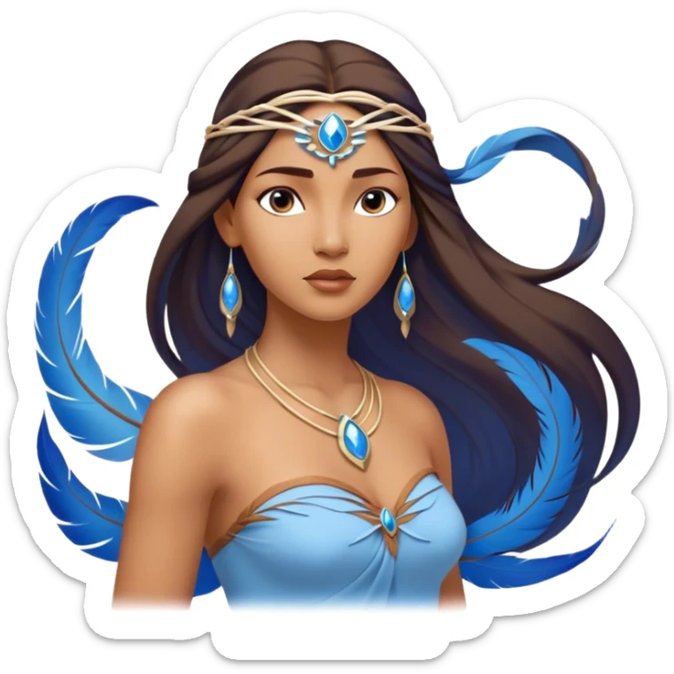 Cinematic Elegant Pocahontas Portrait Emoji, Standing serenely with a blue wind swirl around her, soft feathers in her hair, a tranquil yet powerful gaze, beauty beyond time, an ethereal aura of connection with nature, regal and enchanting! sticker