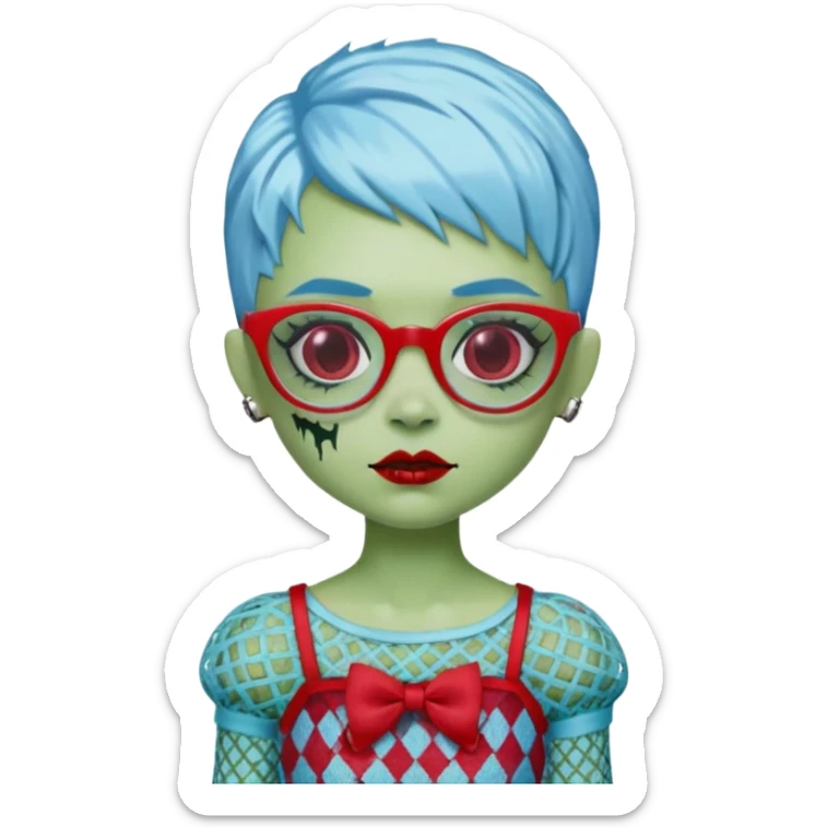 Ghoulia yelps monster high doll in scene/emo style cherry print dress with fishnet sleeves, clothes, thin, small, red, rectangle glasses, pale white-blue skin, pale-green pixie-cut, zombie scars , boy sticker