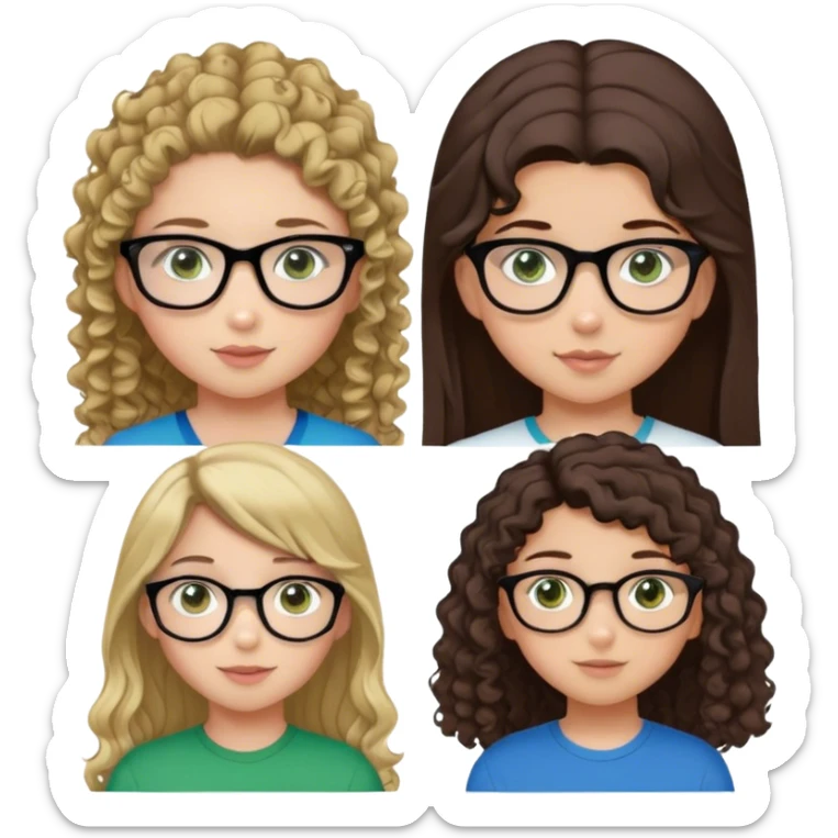 a girl with straight hair and brown eyes, a girl with straight darker brown hair and brown eyes , a girl with curly brown hair and brown eyes with glasses, a girl with straight blonde hair and green eyes, a  boy with brown hair and brown eyes, a girl with brown hair in a high ponytail and blue eyes, a girl with black hair and brown eyes sticker