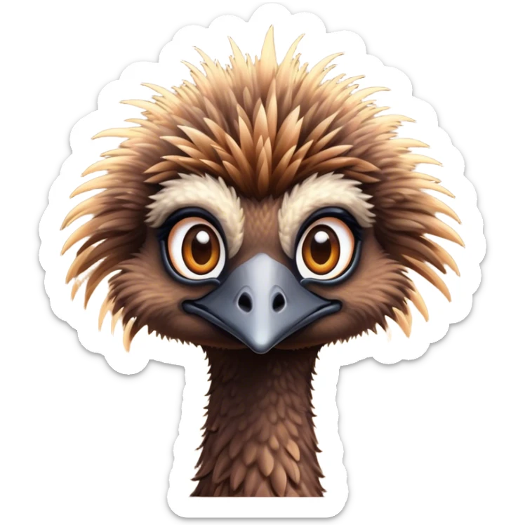 Cinematic Cute Emu Portrait Emoji, Head tilted playfully and inquisitively, featuring a glossy, textured brown plumage with a perky head and round, sparkling eyes full of curious wonder, Simplified yet irresistibly adorable features, highly detailed, glowing with a warm, friendly glow, high shine, affectionate and lively, stylized with a touch of outback whimsy, bright and endearing, soft glowing outline, capturing the essence of a mischievous yet loving emu, so playful it feels like it could gallop out of the screen into your arms! sticker