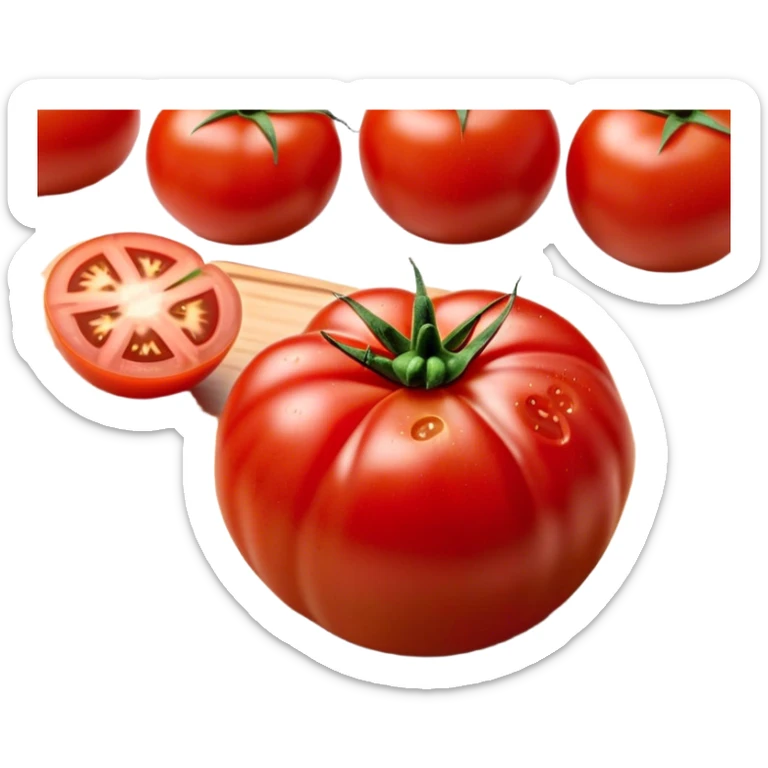 Cinematic juicy ripe tomatoe, deep red, slightly dewy, arranged on a wooden cutting board, soft glowing background, rich and flavorful. sticker