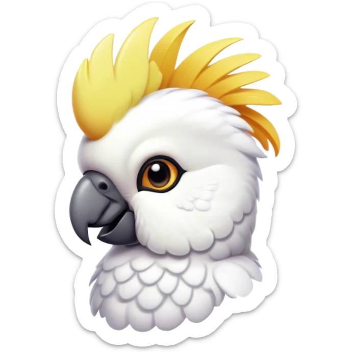 Cinematic Cute Cockatoo Portrait Emoji, Head tilted playfully and inquisitively, featuring a charming, fluffy form with a vividly colored crest, round, sparkling eyes full of playful wonder, and a soft, curved beak, Simplified yet irresistibly adorable features, highly detailed, glowing with a warm, inviting tropical glow, high shine, affectionate and lively, stylized with a touch of whimsical avian charm, soft glowing outline, capturing the essence of a mischievous yet loving cockatoo that seems as if it could flutter out of the screen into your arms! sticker