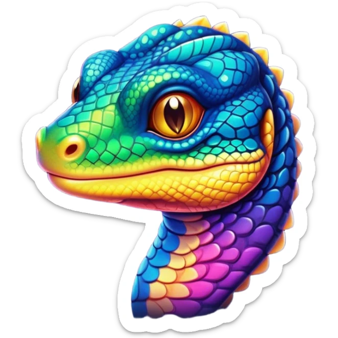 Cinematic Cute Monitor Lizard Portrait Emoji, Head tilted playfully and inquisitively, with a sleek, patterned body accented by vibrant hues and round, sparkling eyes full of wonder, Simplified yet irresistibly adorable features, highly detailed, glowing with a warm, friendly glow, high shine, affectionate and lively, stylized with a touch of exotic charm, bright and endearing, soft glowing outline, capturing the essence of a mischievous yet captivating lizard that seems as if it could scuttle out of the screen into your arms! sticker