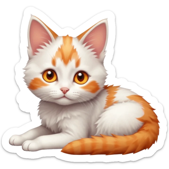 full body of very small + skinny ginger and white kitten with deep orange eyes and triangular shaped face lying down sticker