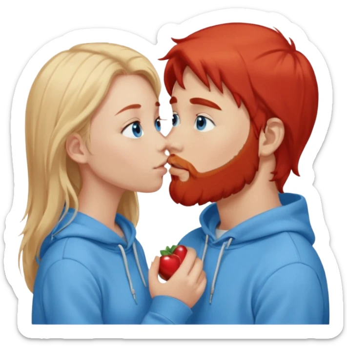 Long-pale-blonde hair, beautiful girl with blue eyes-wearing a light blue hoodie, facing, kissing red-brownish hair-beard boy blue eyed white guy sticker